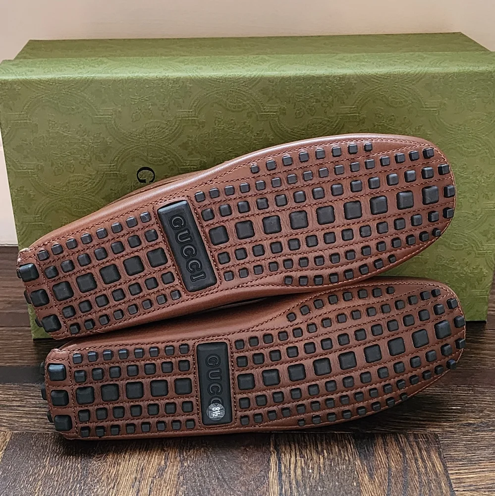 $850 New Gucci GG Interlocking Men Driver Loafer Brown Leather Shoes G 8.5/US 9